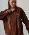 Boncuk Nakış Detaylı Uzun Gömlek - Kahve