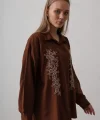 Boncuk Nakış Detaylı Uzun Gömlek - Kahve