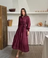 Bordo Çizgi Desenli Uzun Elbise