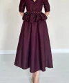 Bordo İnce Kemerli Fırfırlı Ceket Ve Büzgülü Etek Takım