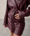 Bordo Kemerli Mini Deri Etek