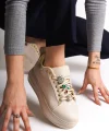 BRIANNA Bağcıklı Ortopedik Taban Renkli Taş Dekorlu Kadın Sneaker Spor Ayakkabı  CKT - Krem/Altın