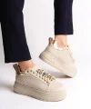 BRIANNA Bağcıklı Ortopedik Taban Renkli Taş Dekorlu Kadın Sneaker Spor Ayakkabı  CKT - Krem/Altın