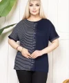 Büyük Beden Taş Detaylı Çizgili Viskon Tişört Bisiklet Yaka Rahat Kesim - Lacivert