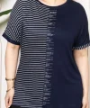 Büyük Beden Taş Detaylı Çizgili Viskon Tişört Bisiklet Yaka Rahat Kesim - Lacivert