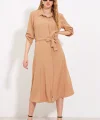 Camel Kuşaklı Gömlek Elbise 24