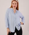 Cep Detay Çizgili Oversize avi Gömlek