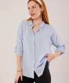 Cep Detay Çizgili Oversize avi Gömlek