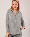 Cep Detay Çizgili Oversize Gri Gömlek