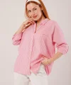 Cep Detay Çizgili Oversize Pembe Gömlek