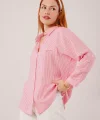 Cep Detay Çizgili Oversize Pembe Gömlek