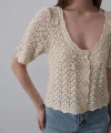 Çiçek Detaylı Düğmeli Triko - Ekru