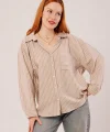 Çizgi Detaylı Cepli Camel Gömlek