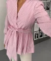 ÇİZGİLİ BAĞLAMA DETAYLI KRUVAZE POPLİN GÖMLEK - Pembe