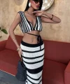 Çizgili Bikini Üst Ve Etek Triko Takım 10110