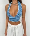 Çizgili Boyun Bağlamalı Crop