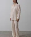 Çizgili Cep Detaylı Oversize Takım - Bej