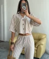 ÇİZGİLİ CROP GÖMLEK - SALAŞ PANTOLON TAKIM MODAL - Bej