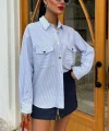 Çizgili Gofre Kumaş Metal Düğmeli Gömlek 3460