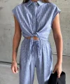 ÇİZGİLİ KETEN KOLSUZ CROP PANTOLON TAKIM - Lacivert