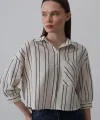 Çizgili Kısa Gömlek  Bejacivert