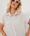 Çizgili Kısa Kol Gömlek 20324 - Krem