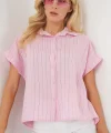 Çizgili Kısa Kol Gömlek 20327 - Pembe