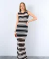 Çizgili Kolsuz Uzun Elbise  SiyahKrem