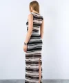 Çizgili Kolsuz Uzun Elbise  SiyahKrem