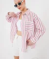 Çizgili Oversize Gömlek 20278 - Kırmızı