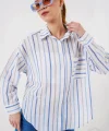 Çizgili Oversize Gömlek 20278 - Mavi