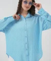 Çizgili Oversize Gömlek 20295  Mavi