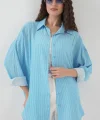 Çizgili Oversize Gömlek 20295  Mavi