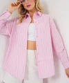 Çizgili Oversize Gömlek 20332 - Pudra