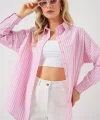 Çizgili Oversize Gömlek 20332 - Pudra