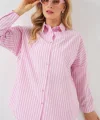 Çizgili Oversize Gömlek 20332 - Pudra