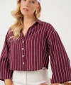 Çizgili Oversize Kısa Gömlek 20326 - Bordo