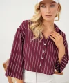 Çizgili Oversize Kısa Gömlek 20326 - Bordo