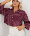 Çizgili Oversize Kısa Gömlek 20326 - Bordo