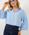 Çizgili Oversize Kısa Gömlek 20326 - Mavi
