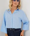 Çizgili Oversize Kısa Gömlek 20326 - Mavi