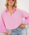 Çizgili Oversize Kısa Gömlek 20326 - Pembe