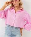 Çizgili Oversize Kısa Gömlek 20326 - Pembe