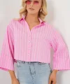 Çizgili Oversize Kısa Gömlek 20326 - Pembe