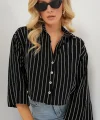 Çizgili Oversize Kısa Gömlek 20326 - Siyah