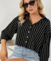 Çizgili Oversize Kısa Gömlek 20326 - Siyah