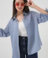 Çizgili Oversize Kısa Kol Gömlek 20296  İndigo