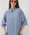 Çizgili Oversize Kısa Kol Gömlek 20296  İndigo