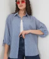 Çizgili Oversize Kısa Kol Gömlek 20296  İndigo