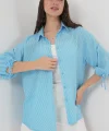 Çizgili Oversize Kısa Kol Gömlek 20296  Mavi